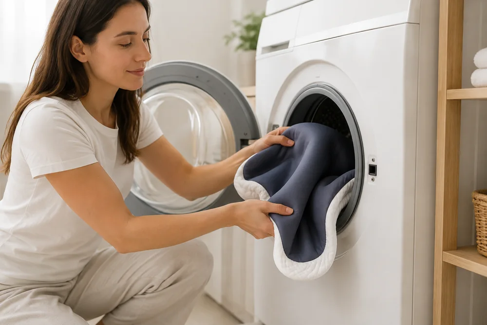Twee handen doen de grijze hoes in de trommel van een wasmachine