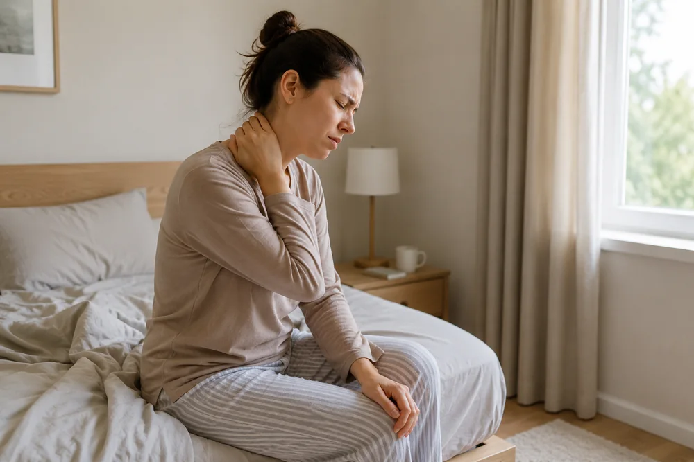 Vrouw zit bij het wakker worden op de bedrand, een hand in de nek
