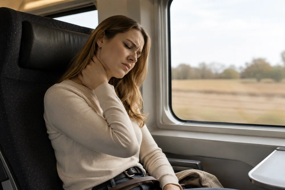 Reizigster in een treinstoel, een hand in de nek na een lange rit