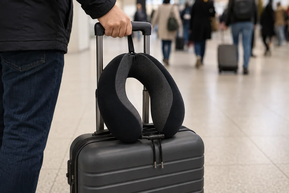 Het reiskussen vastgeklikt aan de hendel van een handbagagekoffer