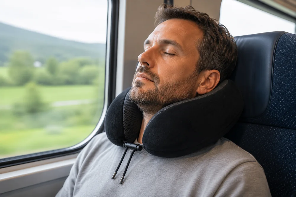 U-vormig reiskussen om de nek in een treinstoel