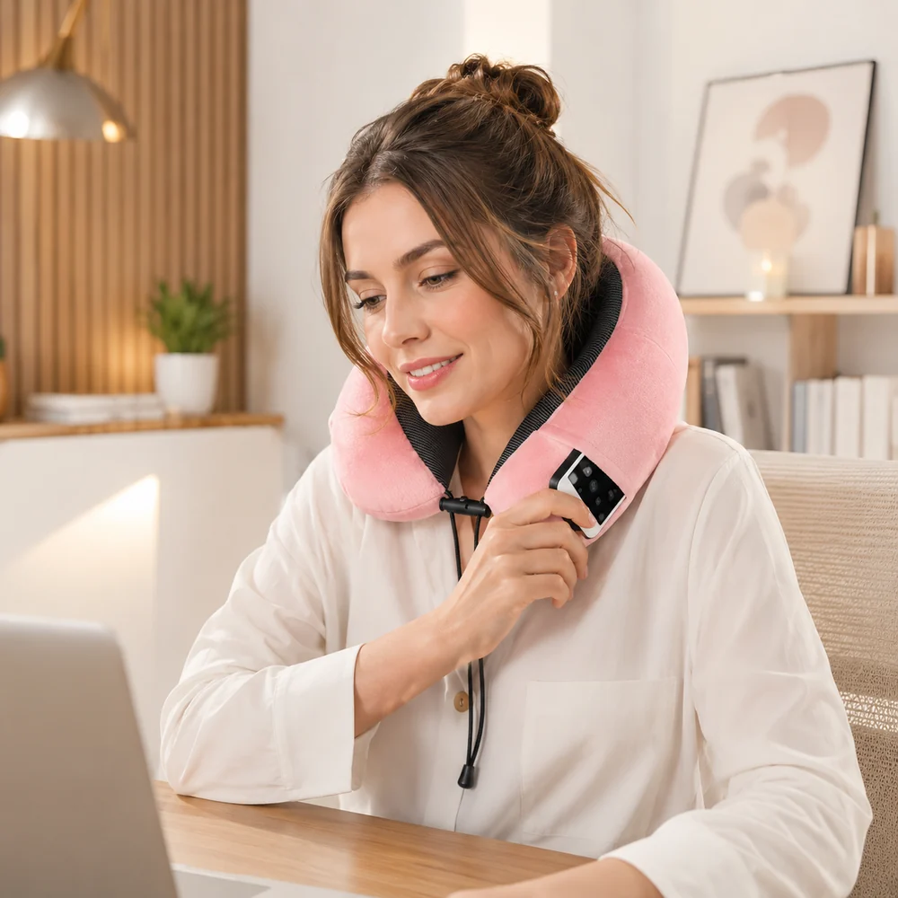 Vrouw draagt het roze reiskussen om de nek achter haar bureau