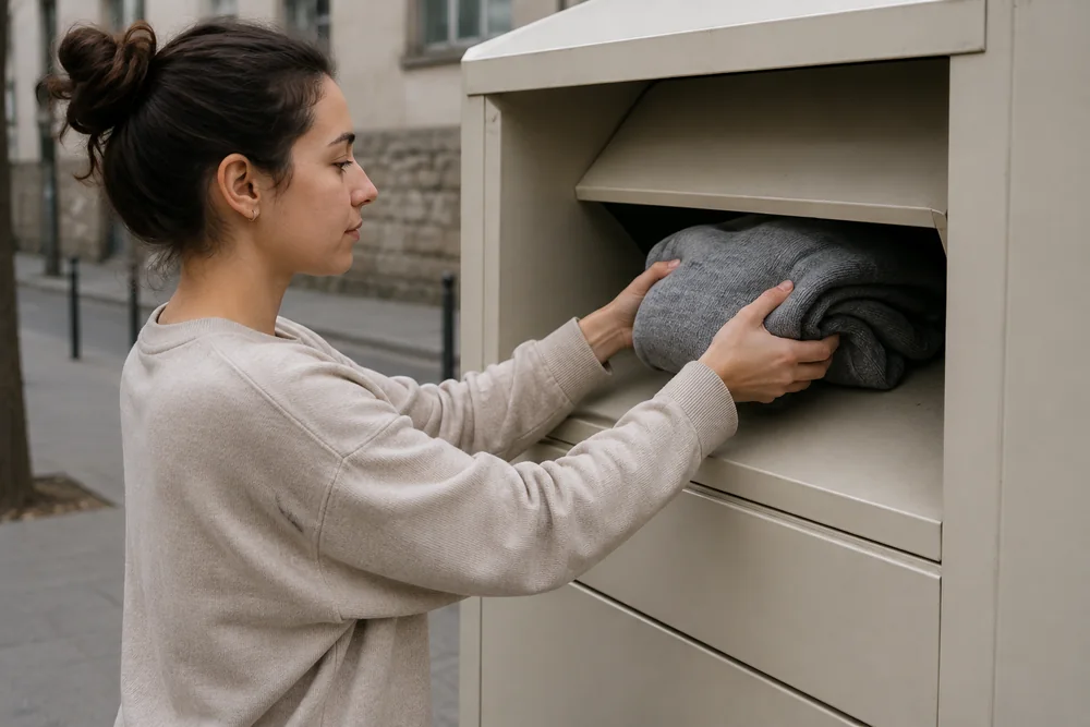 Opgevouwen textiel wordt in een inzamelbak op straat gedaan